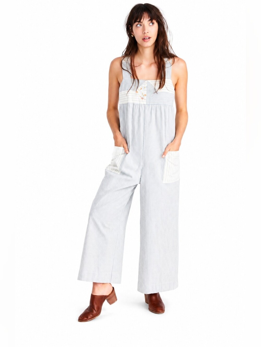 MADEWELL X The New Denim Project Blue Pinstripe Wide-Leg Overalls Sz XXS Floral